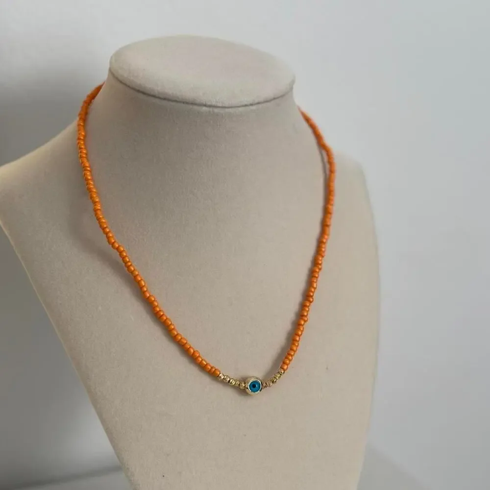 Orange Beaded Evil Eye Necklace Boho Protection Charm Jewelry Gift - Picture 3 of 4